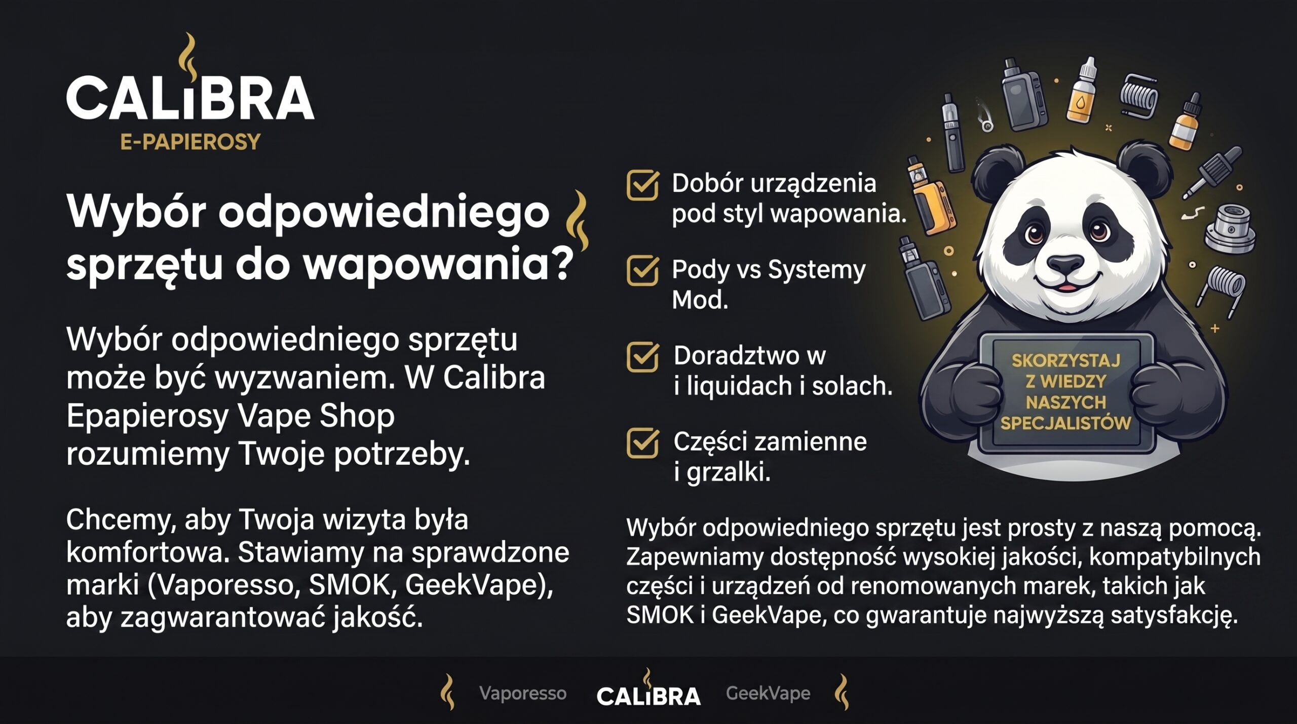 Grafika Calibra E-Papierosy z pandą maskotką i listą porad dotyczących doboru sprzętu do wapowania